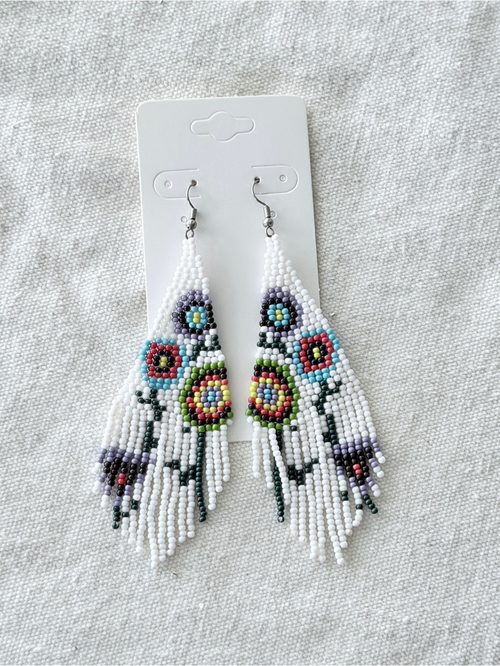 Handmade White Seed Bead Floral Fringe Earrings